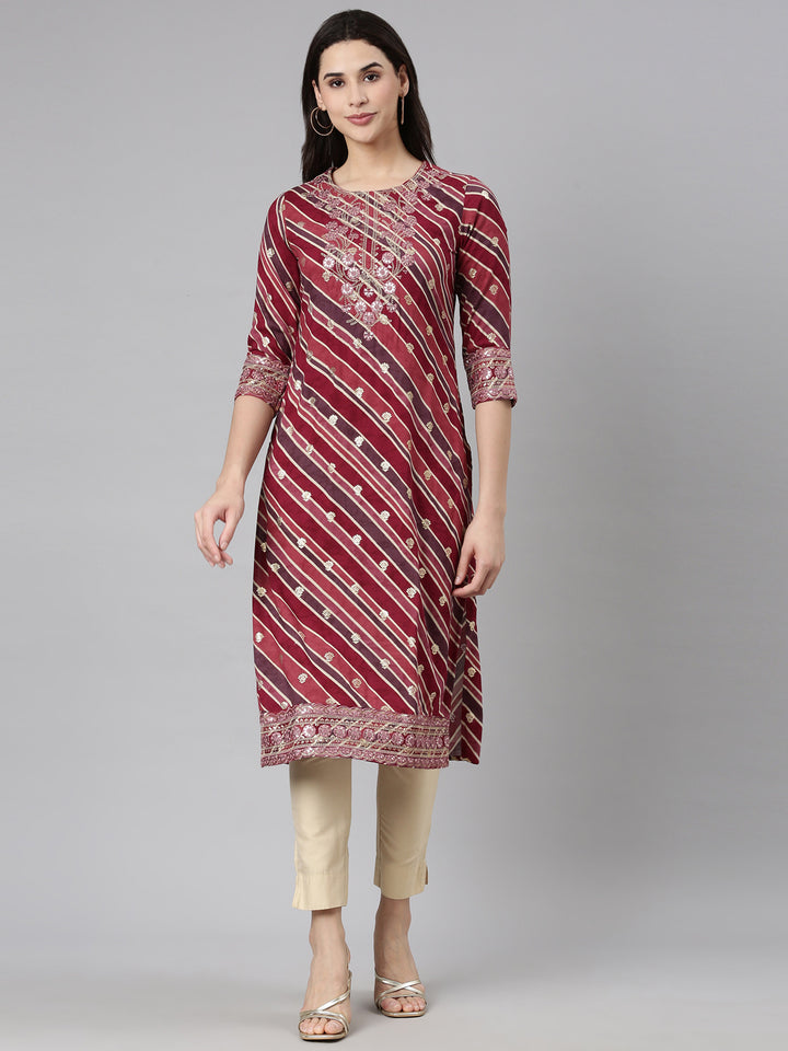 Neerus Purple striped printed straight kurti - front view