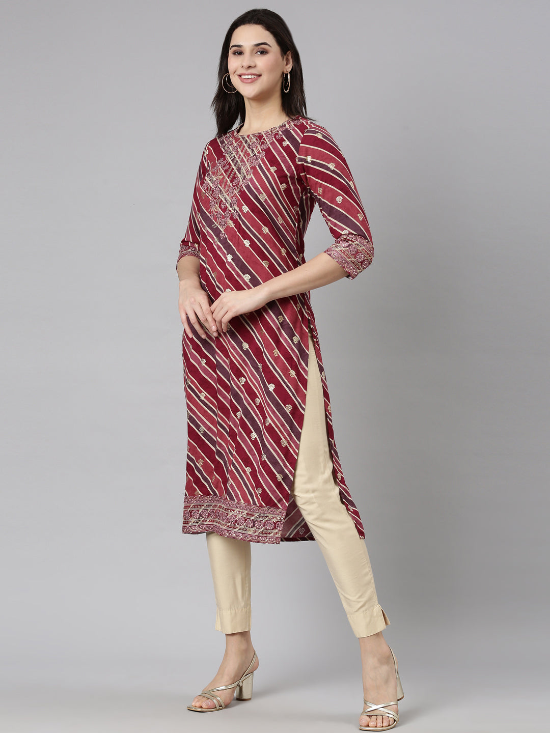 Neerus Purple striped printed straight kurti - back view