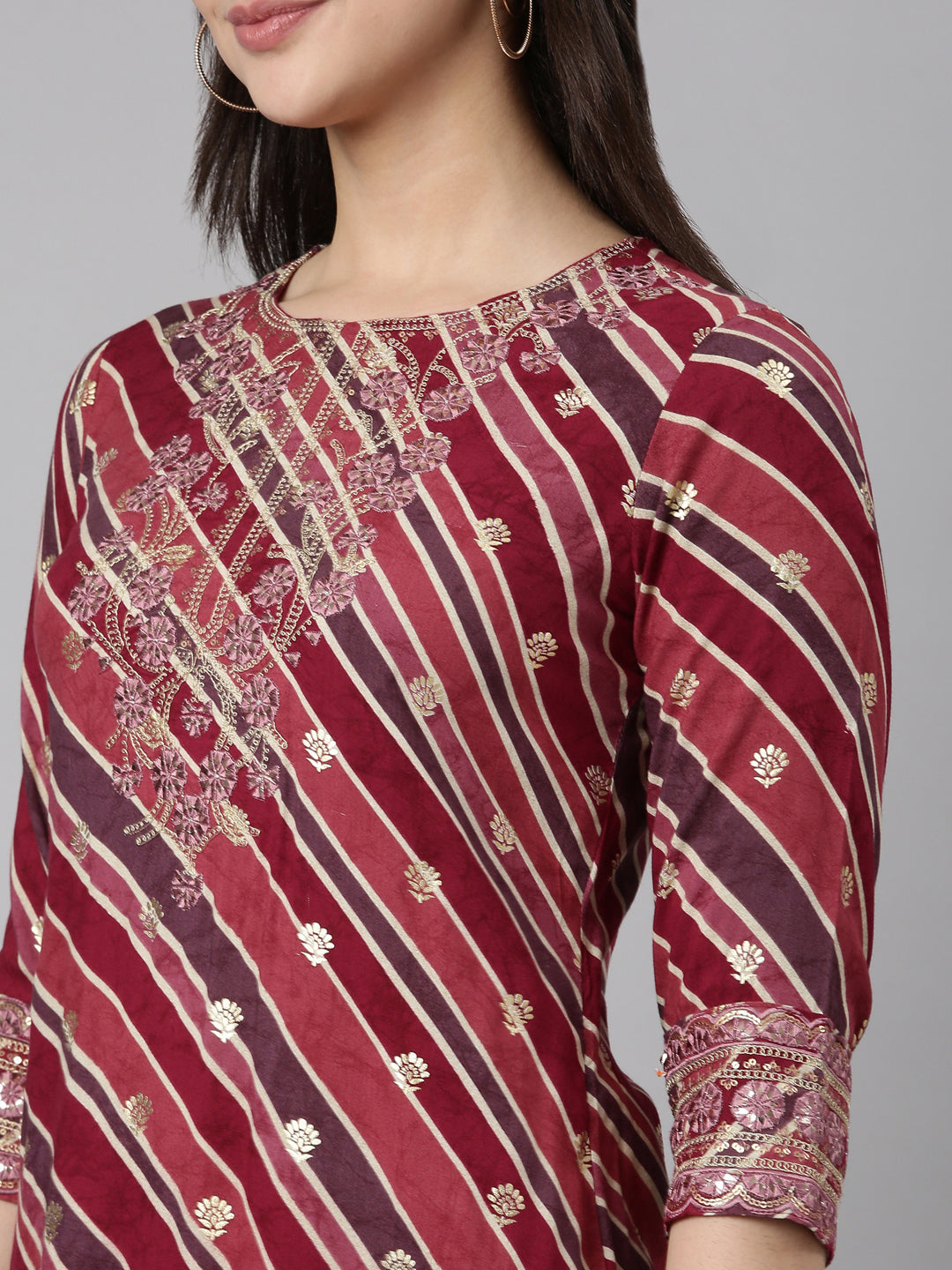 Neerus Purple striped printed straight kurti - detail view 1
