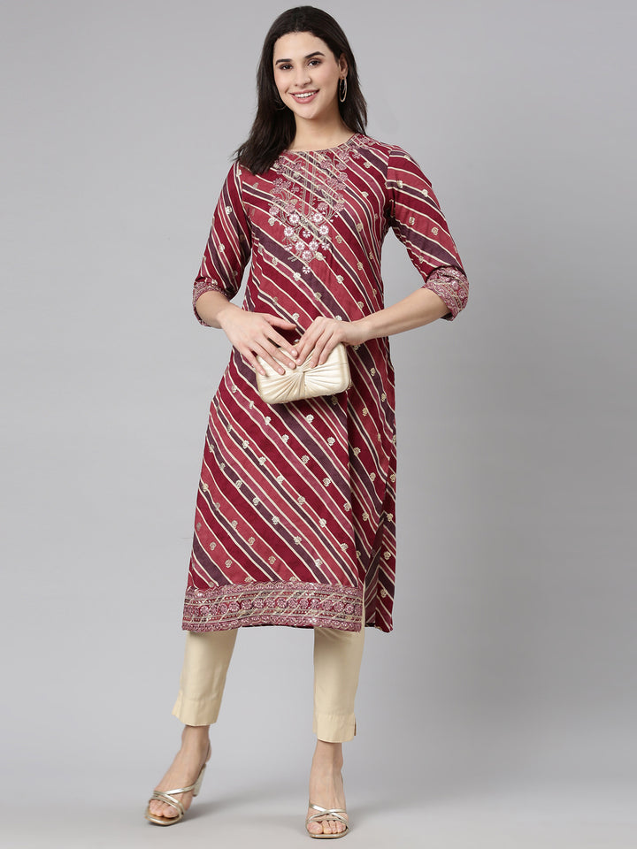 Neerus Purple striped printed straight kurti - detail view 2