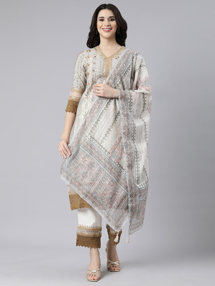 Neerus White printed floral straight suit set - front view