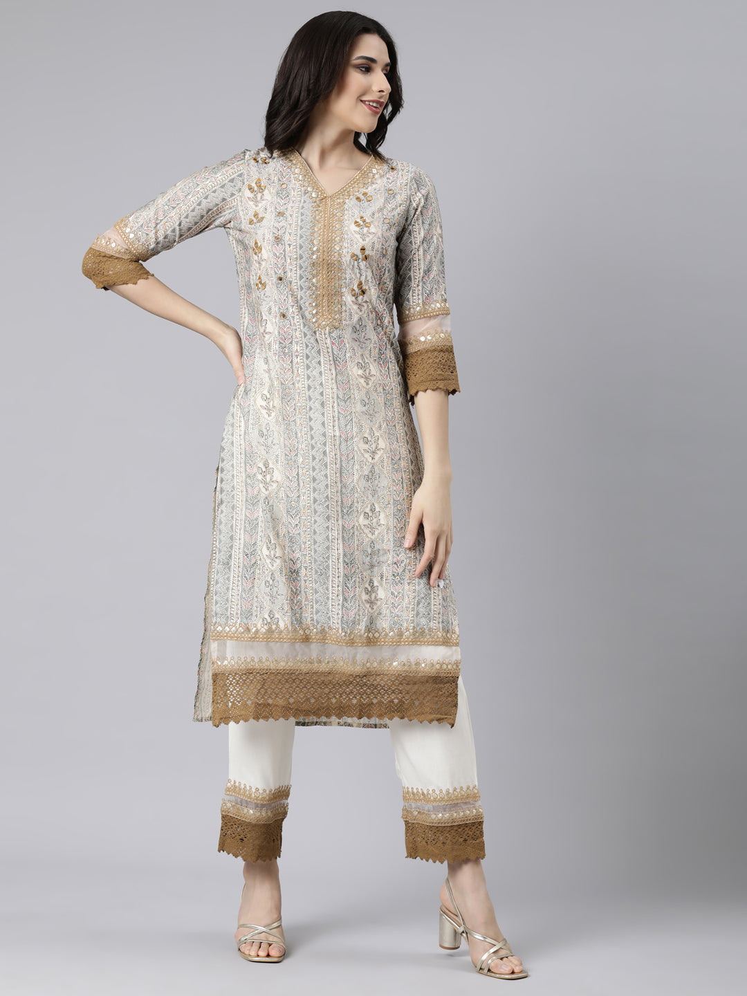 Neerus White printed floral straight suit set - back view