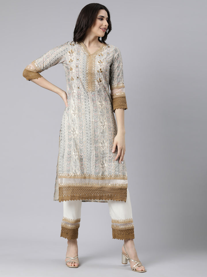 Neerus White printed floral straight suit set - back view