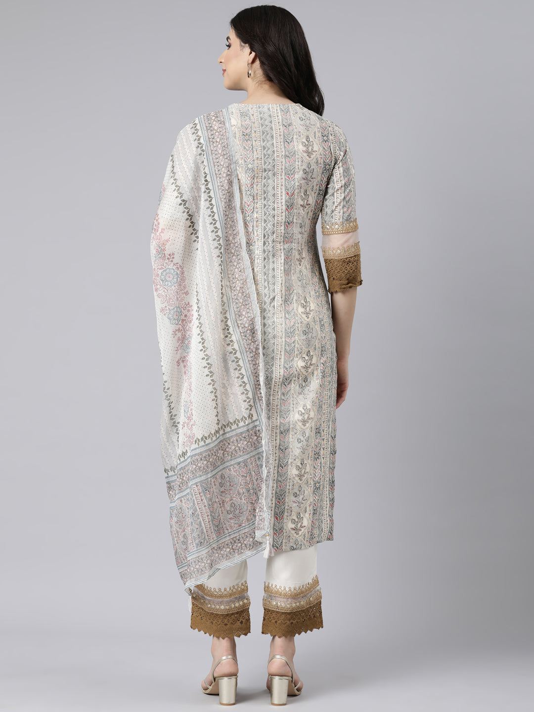 Neerus White printed floral straight suit set - side view