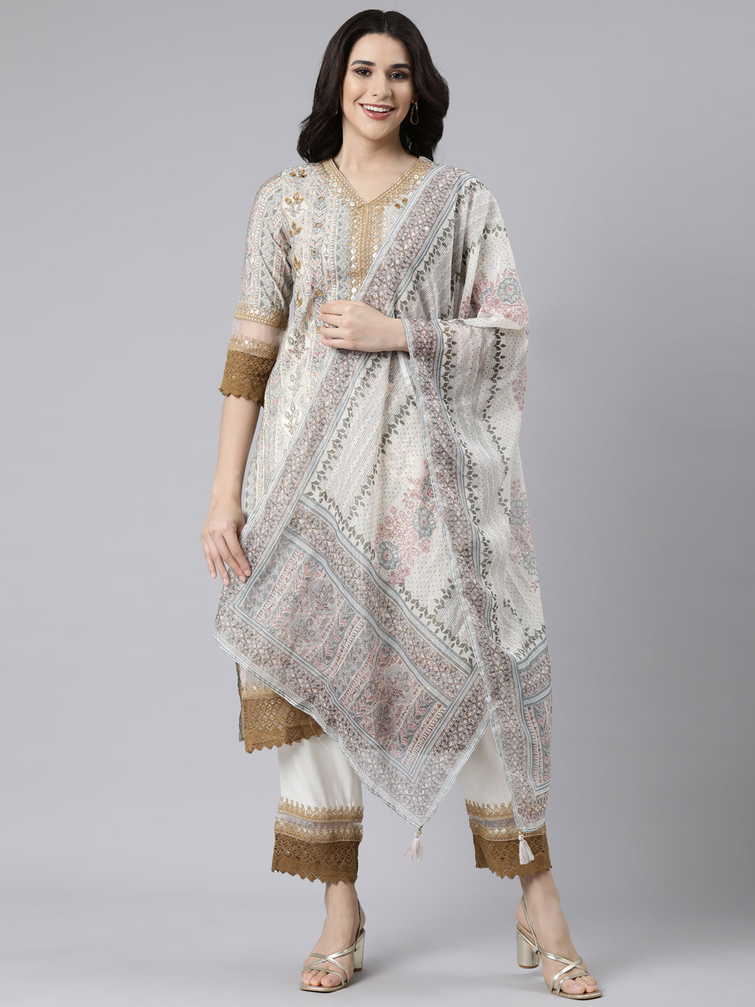 Neerus White printed floral straight suit set - detail view 2
