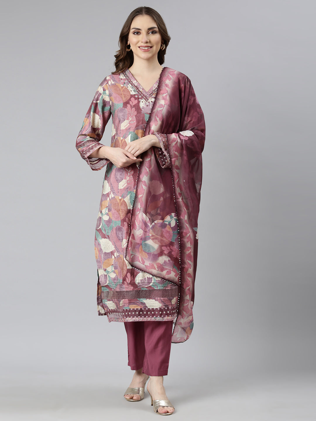 Neerus Pink Regular Straight Floral Kurta And  Trousers With Dupatta