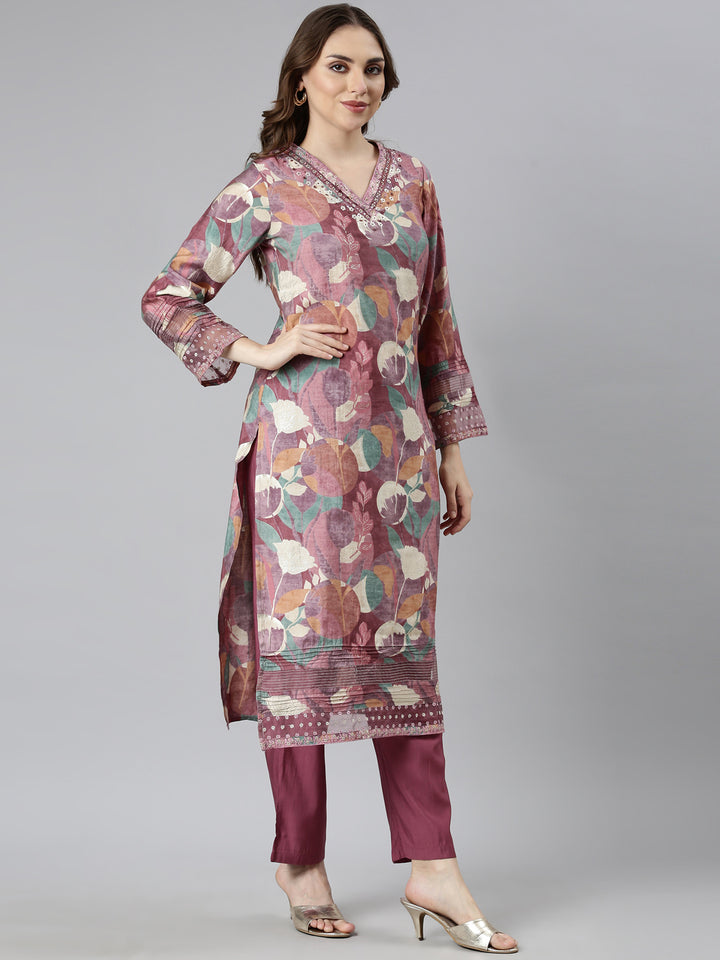 Neerus Pink Regular Straight Floral Kurta And  Trousers With Dupatta