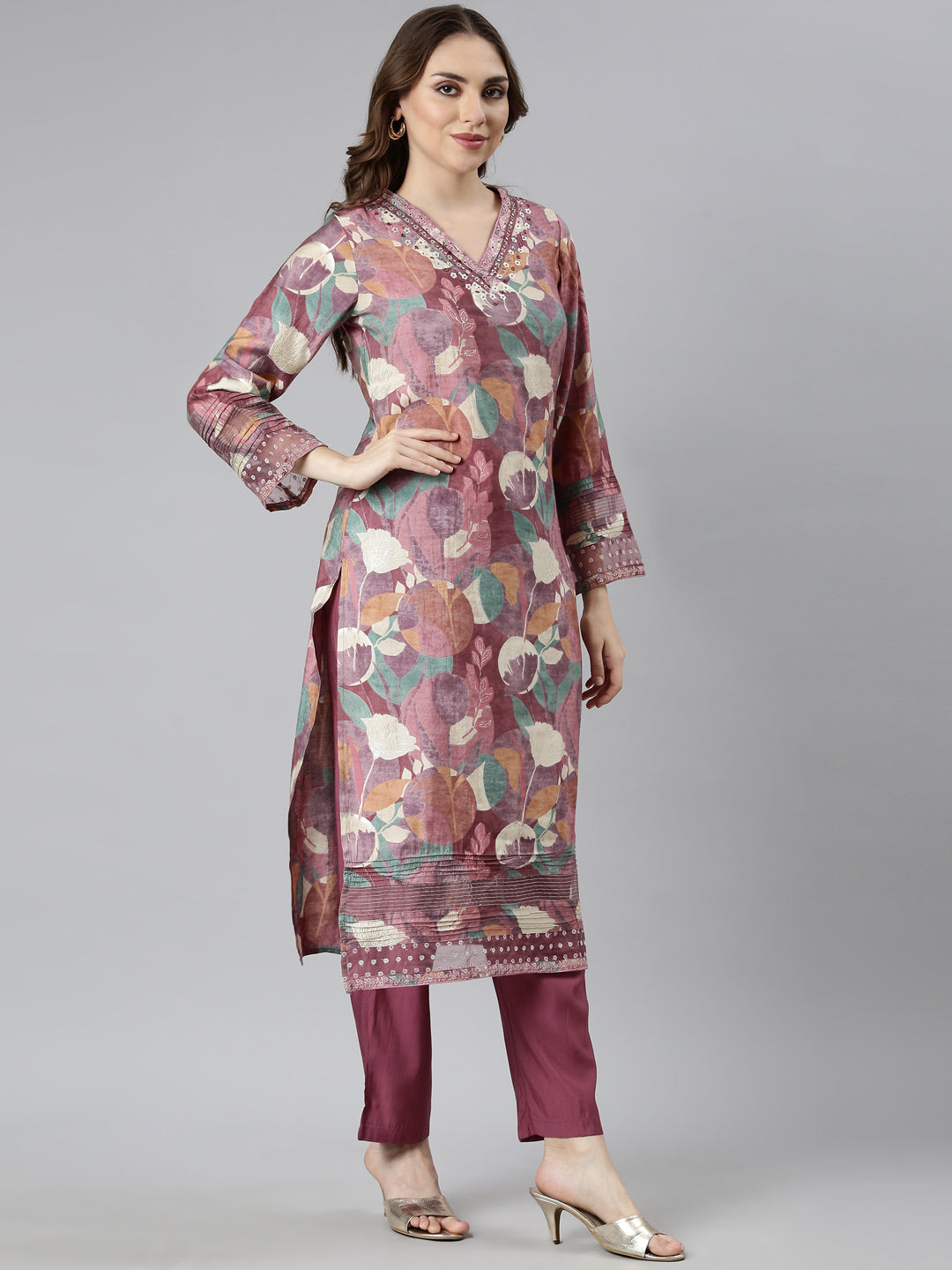 Neerus Pink Regular Straight Floral Kurta And  Trousers With Dupatta