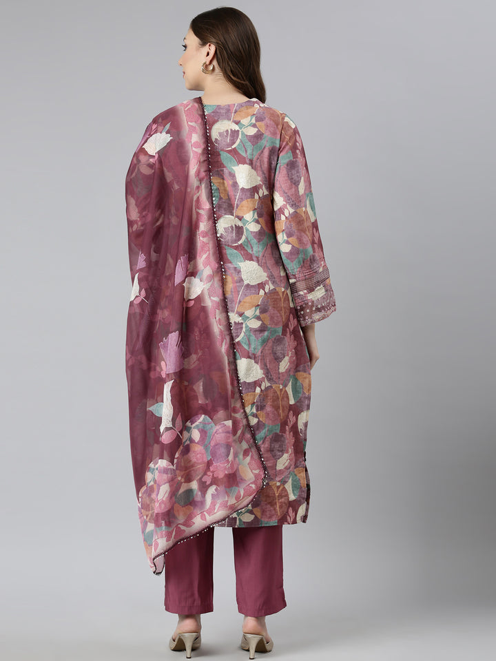 Neerus Pink Regular Straight Floral Kurta And  Trousers With Dupatta