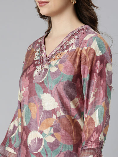 Neerus Pink Regular Straight Floral Kurta And  Trousers With Dupatta