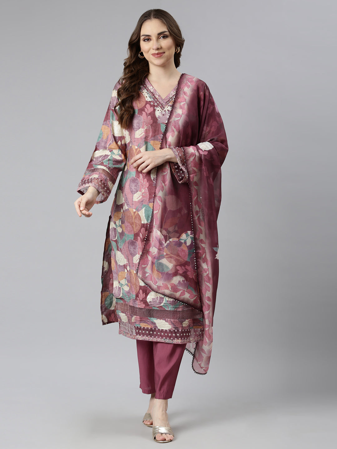 Neerus Pink Regular Straight Floral Kurta And  Trousers With Dupatta