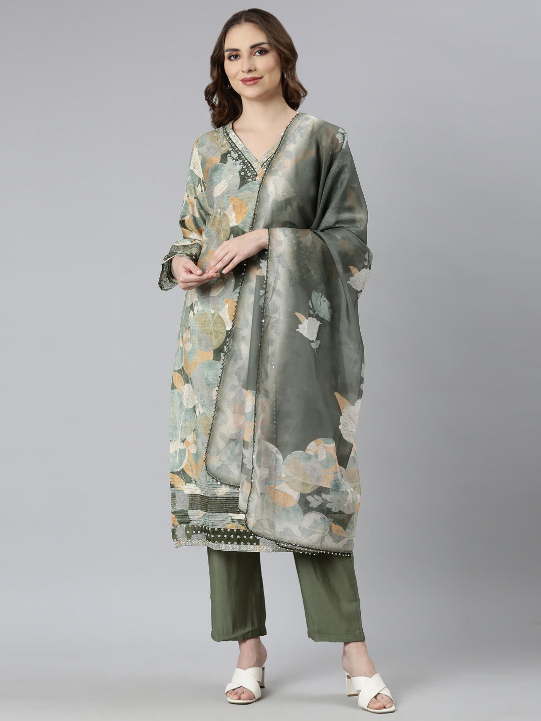Neerus Green printed floral suit set straight kurta with trouser and dupatta - front view
