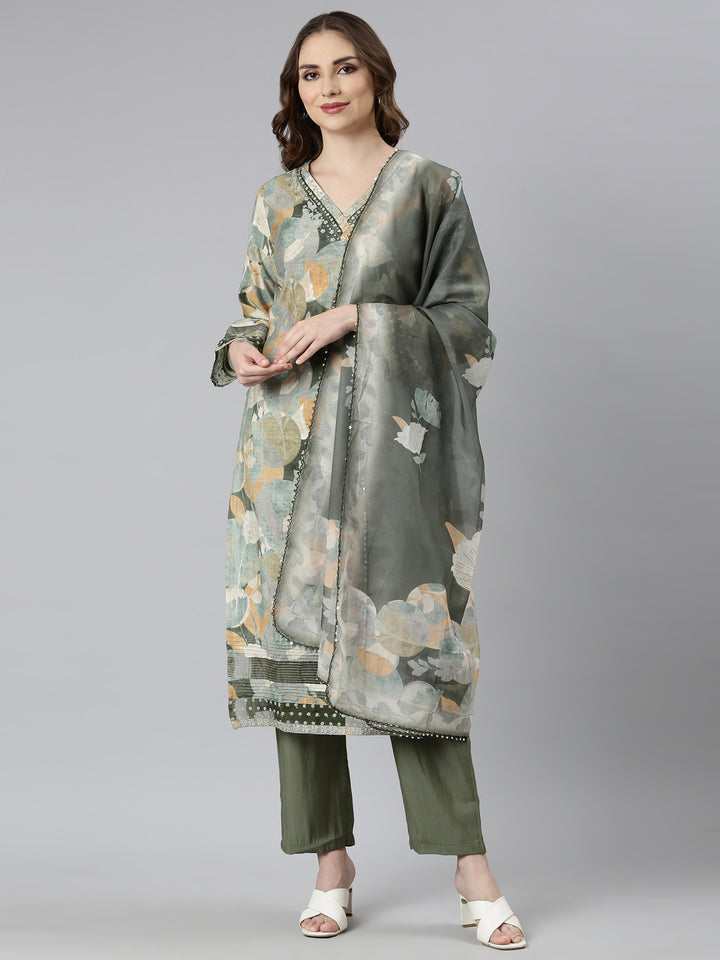 Neerus Green printed floral suit set straight kurta with trouser and dupatta - front view