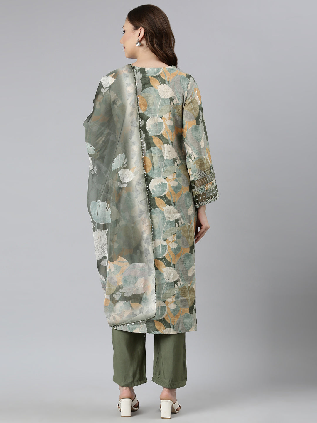 Neerus Green printed floral suit set straight kurta with trouser and dupatta - side view