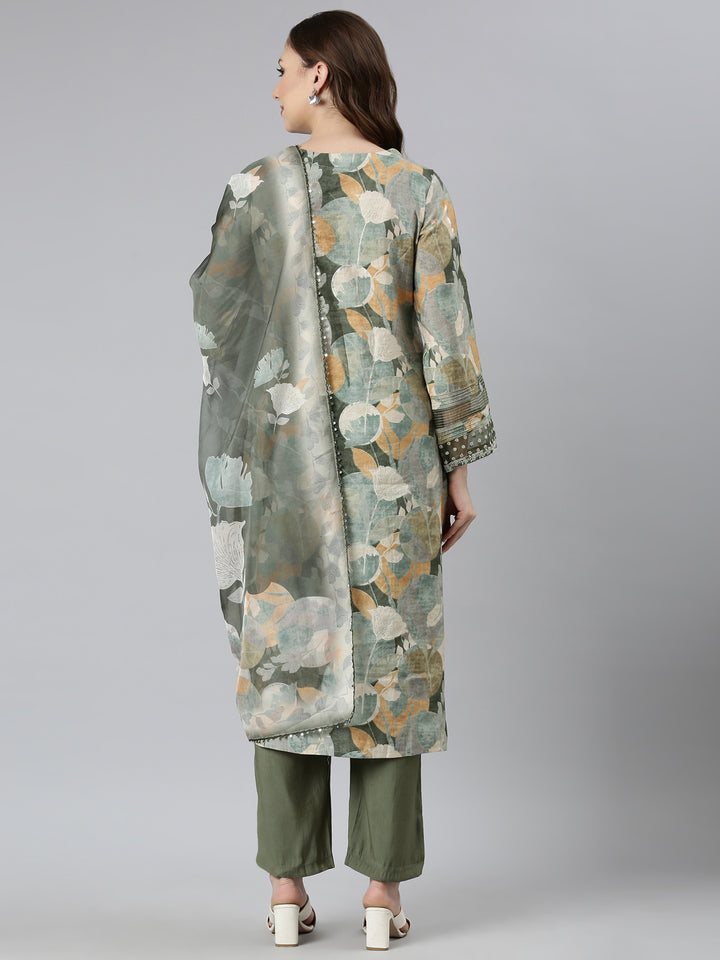 Neerus Green printed floral suit set straight kurta with trouser and dupatta - side view