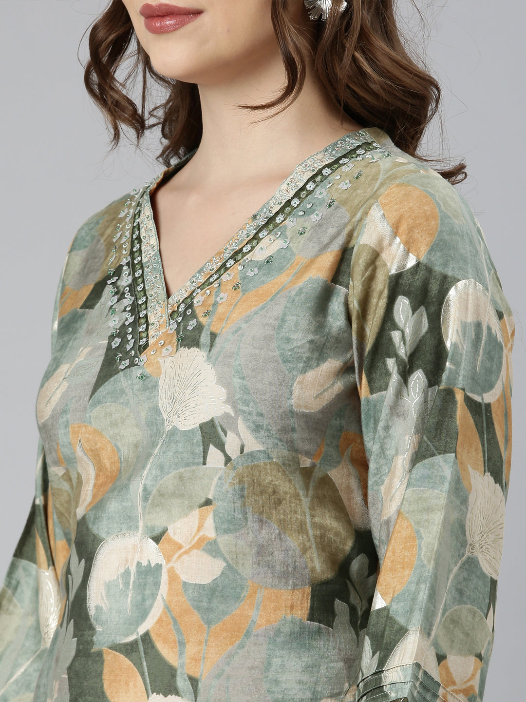 Neerus Green printed floral suit set straight kurta with trouser and dupatta - detail view 1