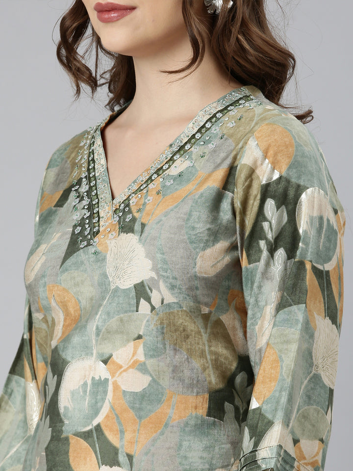 Neerus Green printed floral suit set straight kurta with trouser and dupatta - detail view 1