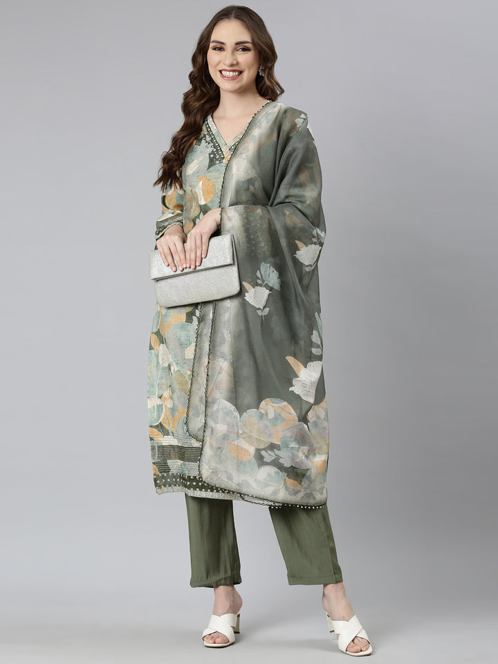 Neerus Green printed floral suit set straight kurta with trouser and dupatta - detail view 2