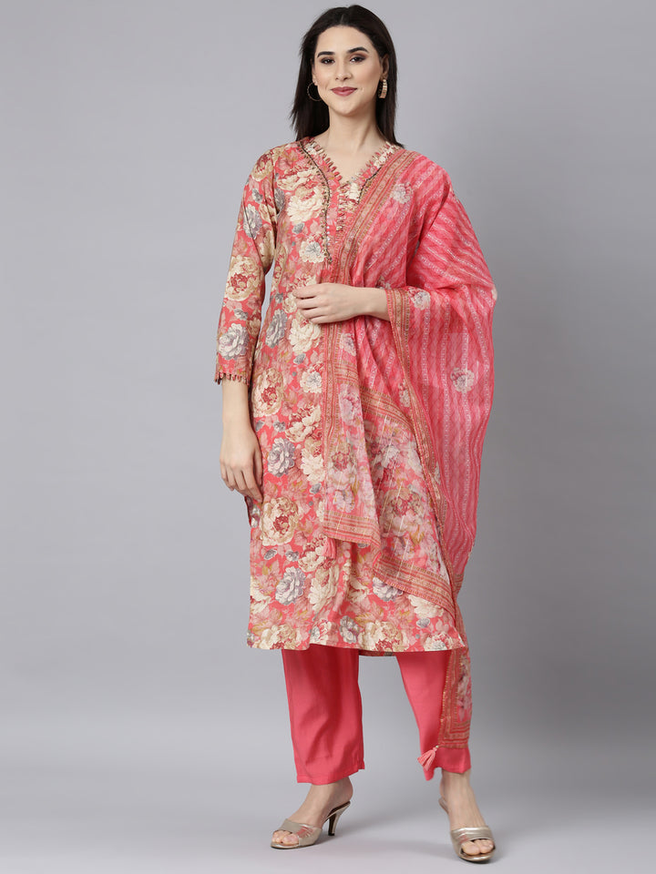 Neerus Pink floral printed straight suit set - front view