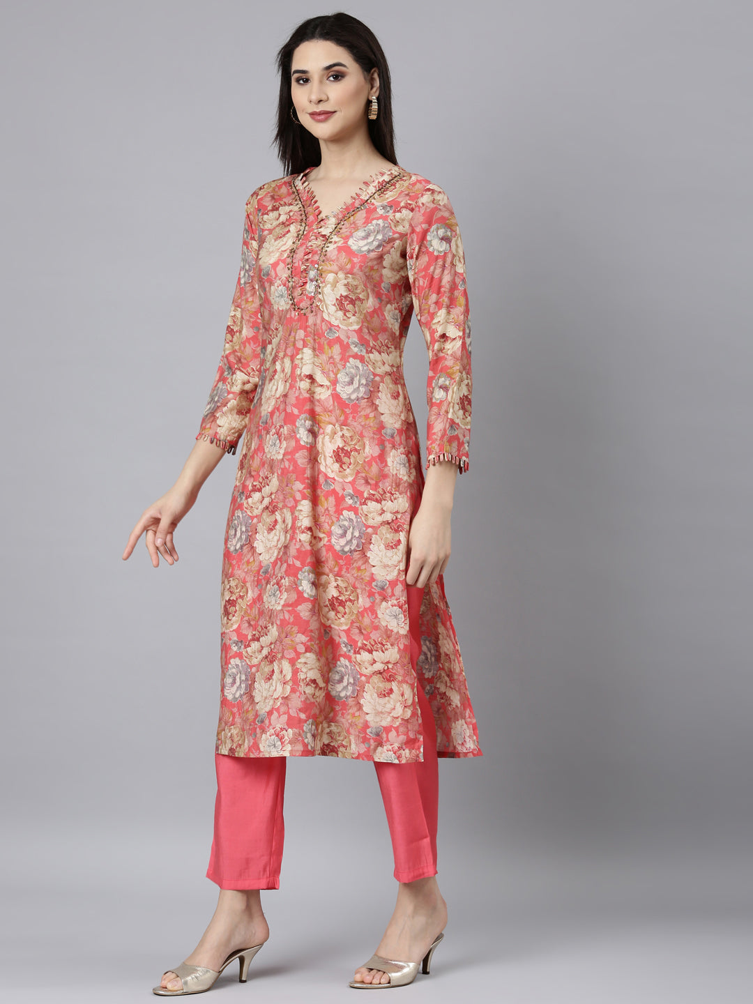 Neerus Pink floral printed straight suit set - back view