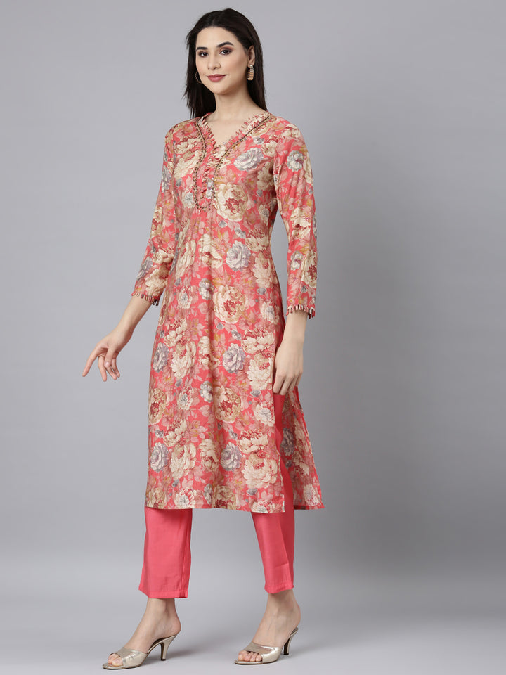 Neerus Pink floral printed straight suit set - back view