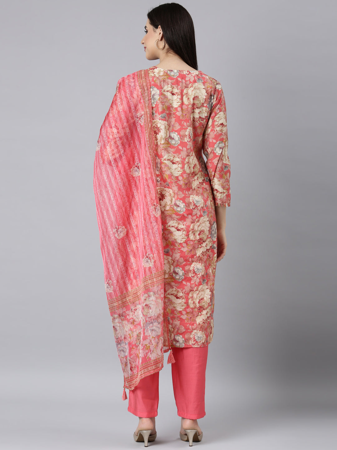 Neerus Pink floral printed straight suit set - side view
