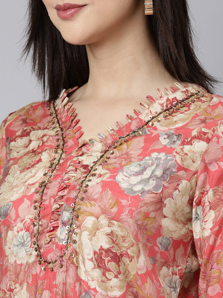 Neerus Pink floral printed straight suit set - detail view 1