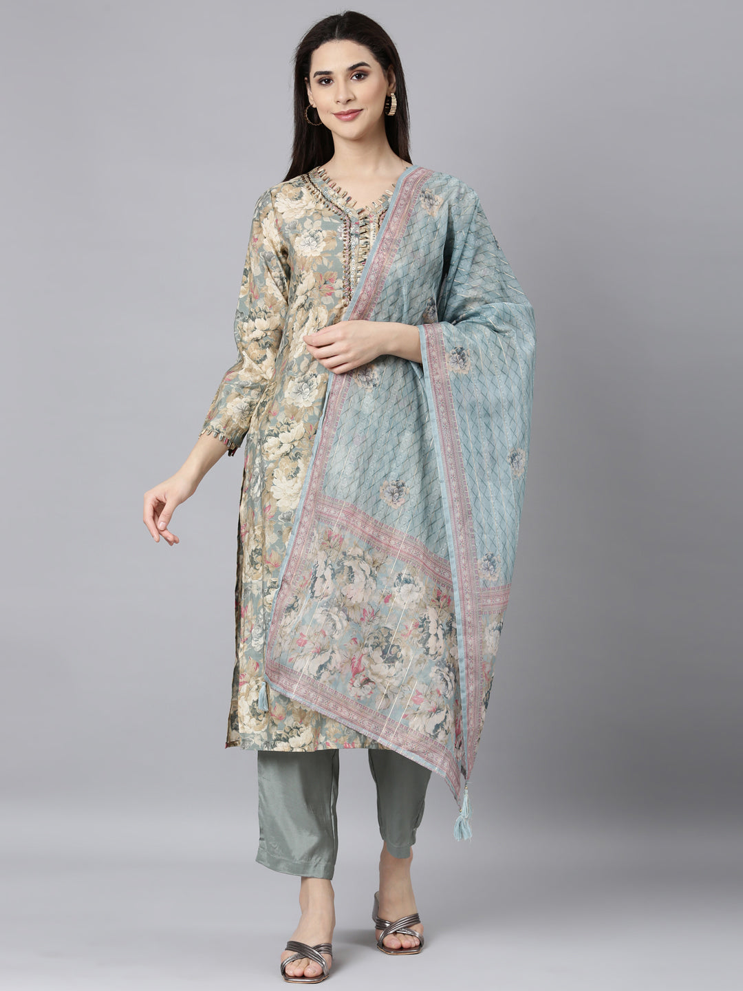 Neerus Grey printed floral straight suit set - front view