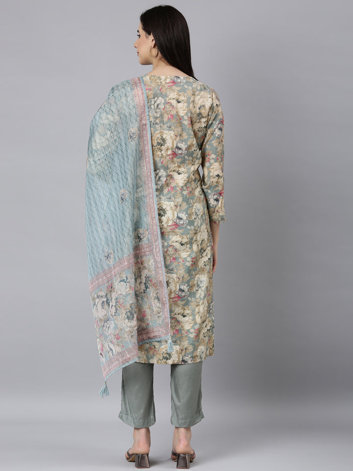 Neerus Grey printed floral straight suit set - side view