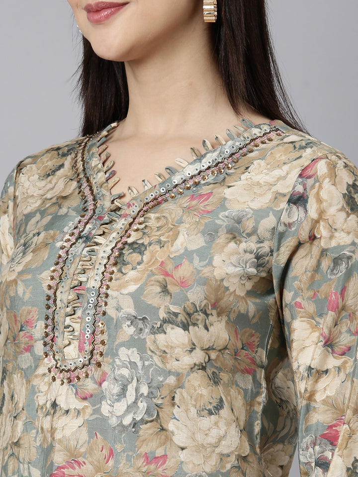 Neerus Grey printed floral straight suit set - detail view 1