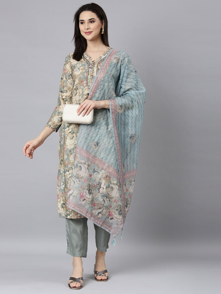 Neerus Grey printed floral straight suit set - detail view 2