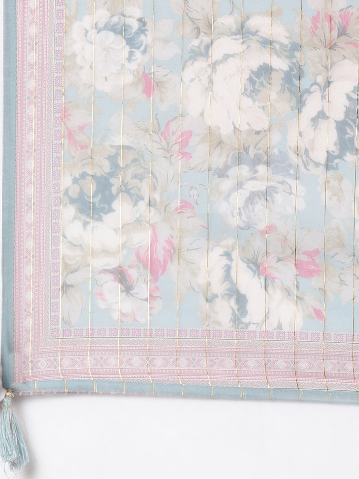 Neerus Grey printed floral straight suit set - detail view 4