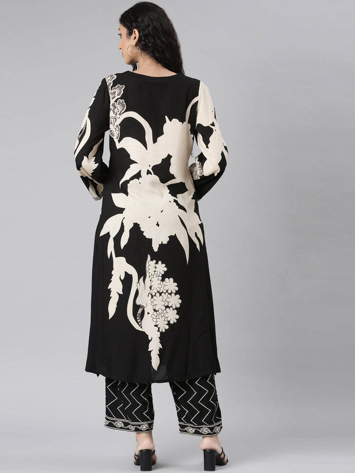 Neerus Black Straight Casual Floral Kurta and Plazzo