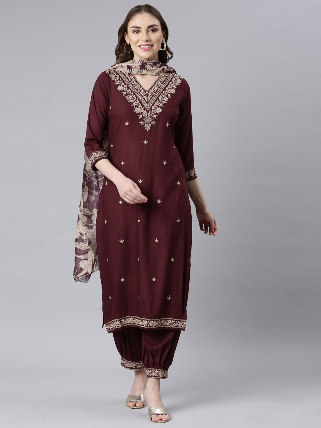 Neerus Purple printed ethnic suit set - front view