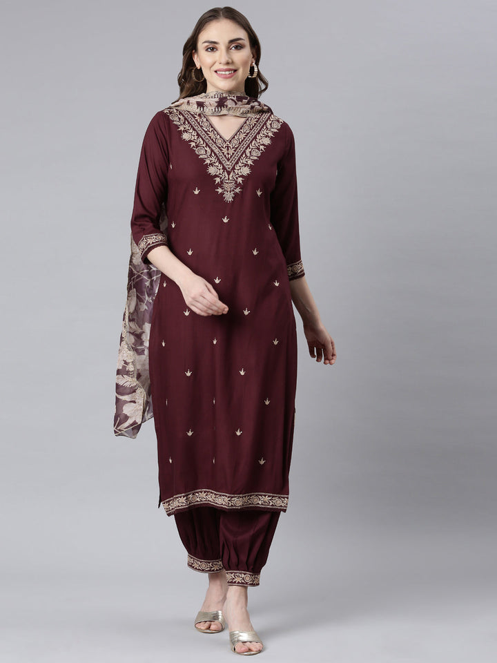 Neerus Purple printed ethnic suit set - front view