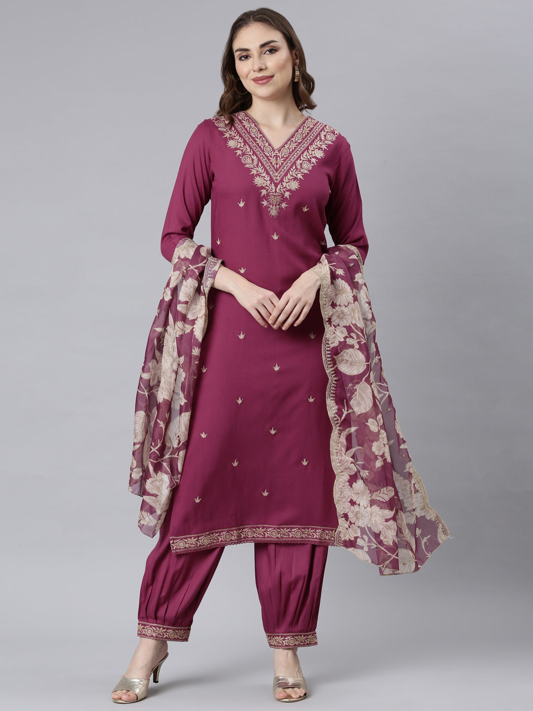 Neerus Pink printed ethnic straight suit set - front view