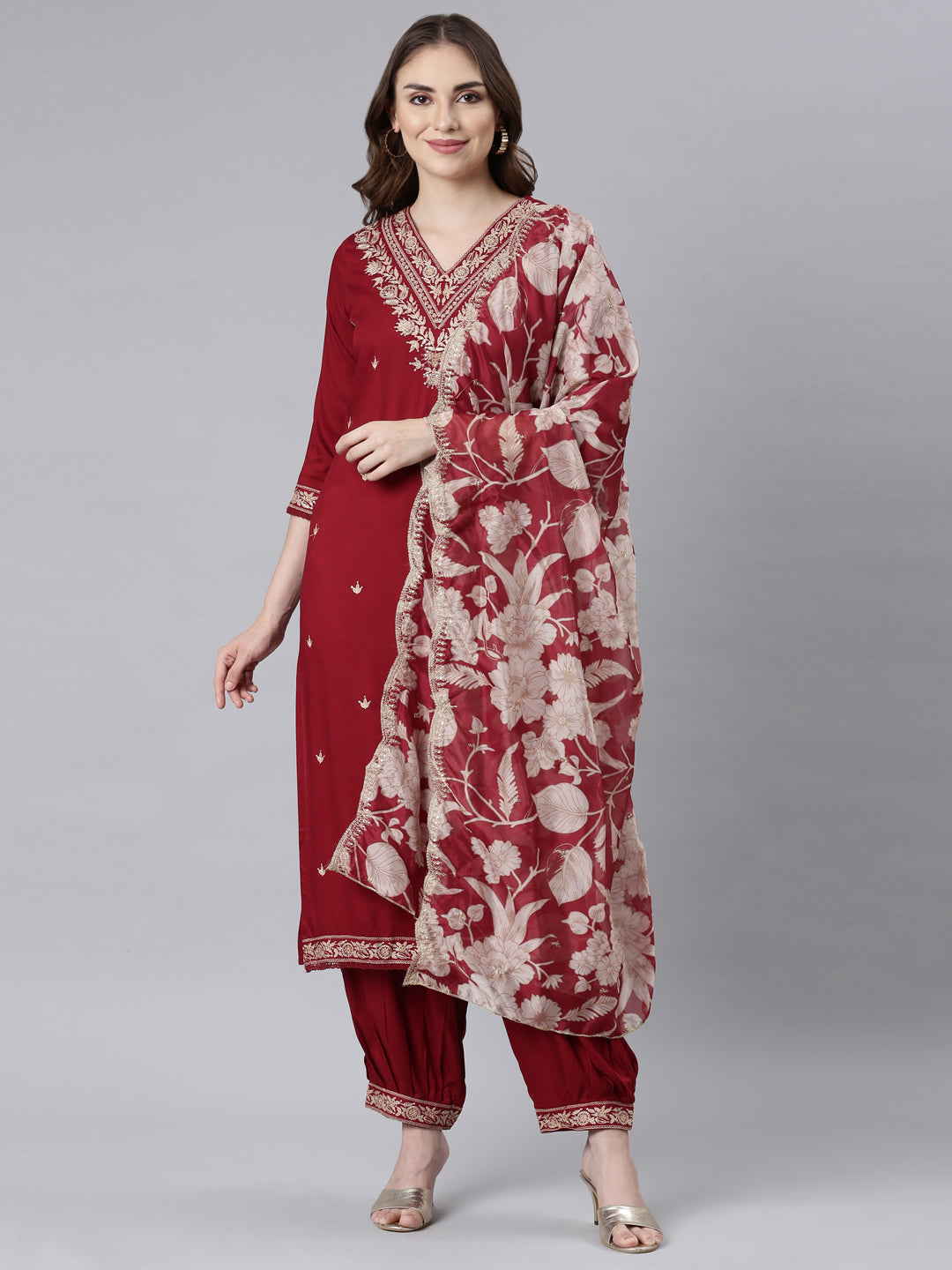 Neerus Maroon printed ethnic suit set - front view