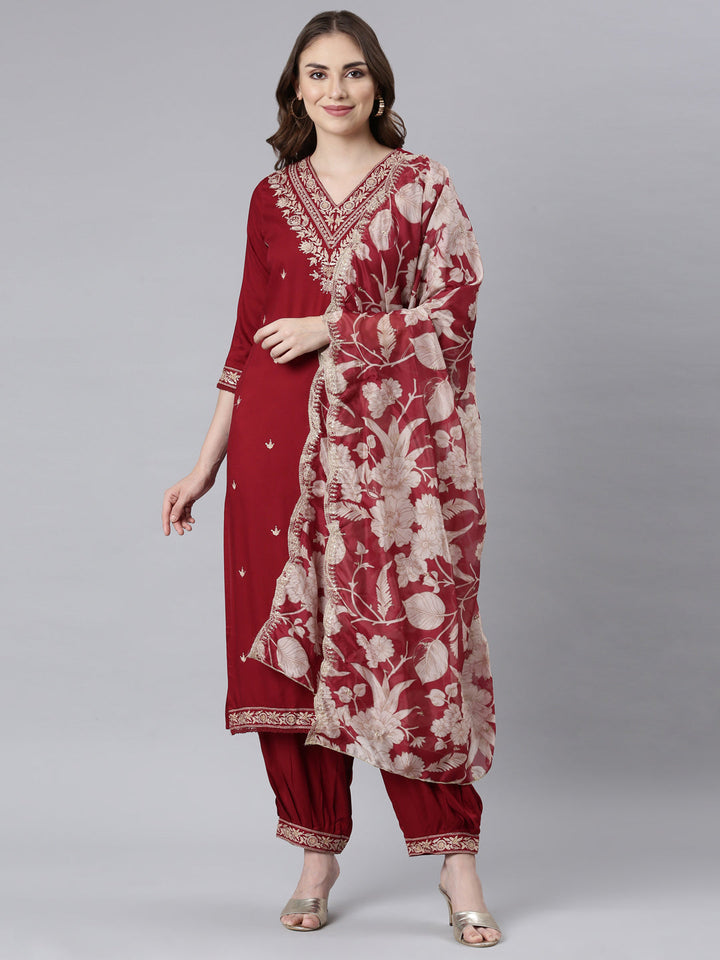 Neerus Maroon printed ethnic suit set - front view