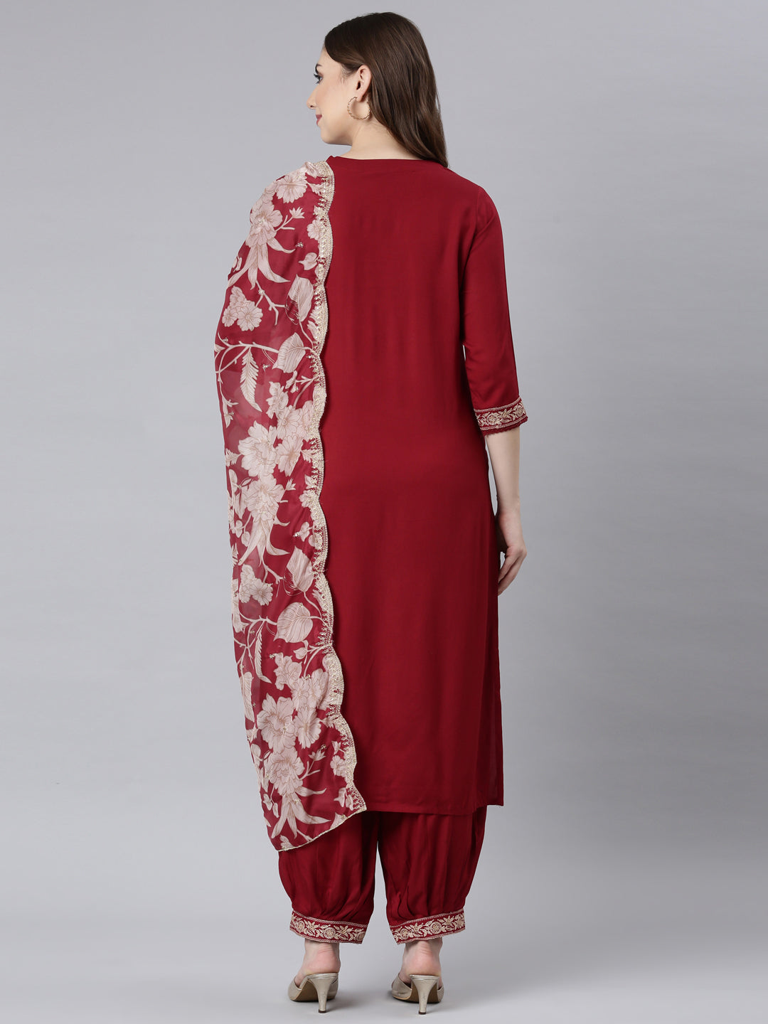 Neerus Maroon printed ethnic suit set - detail view 1