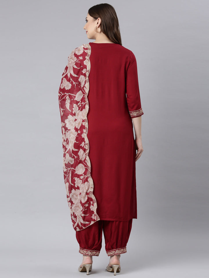 Neerus Maroon printed ethnic suit set - detail view 1