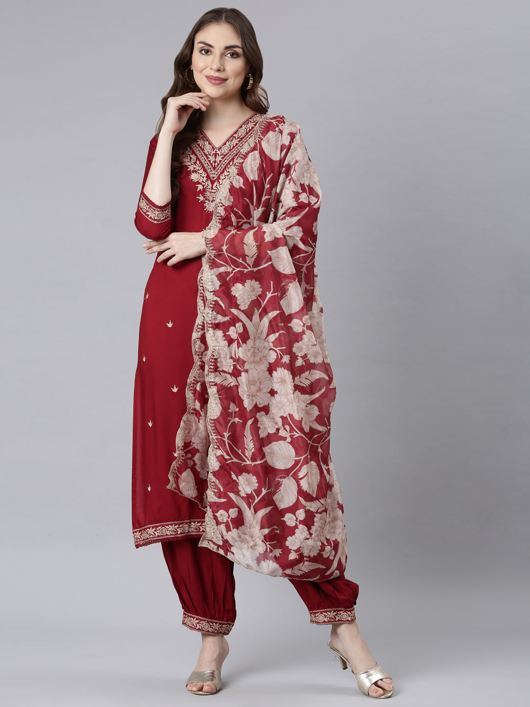 Neerus Maroon printed ethnic suit set - detail view 2