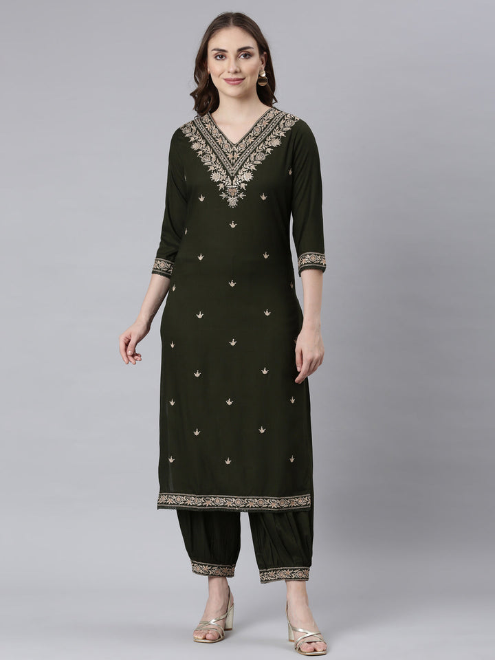 Neerus Green printed ethnic kurta set with churidar and dupatta - front view