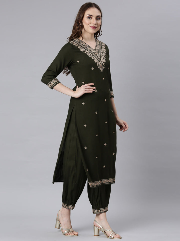 Neerus Green printed ethnic kurta set with churidar and dupatta - side view