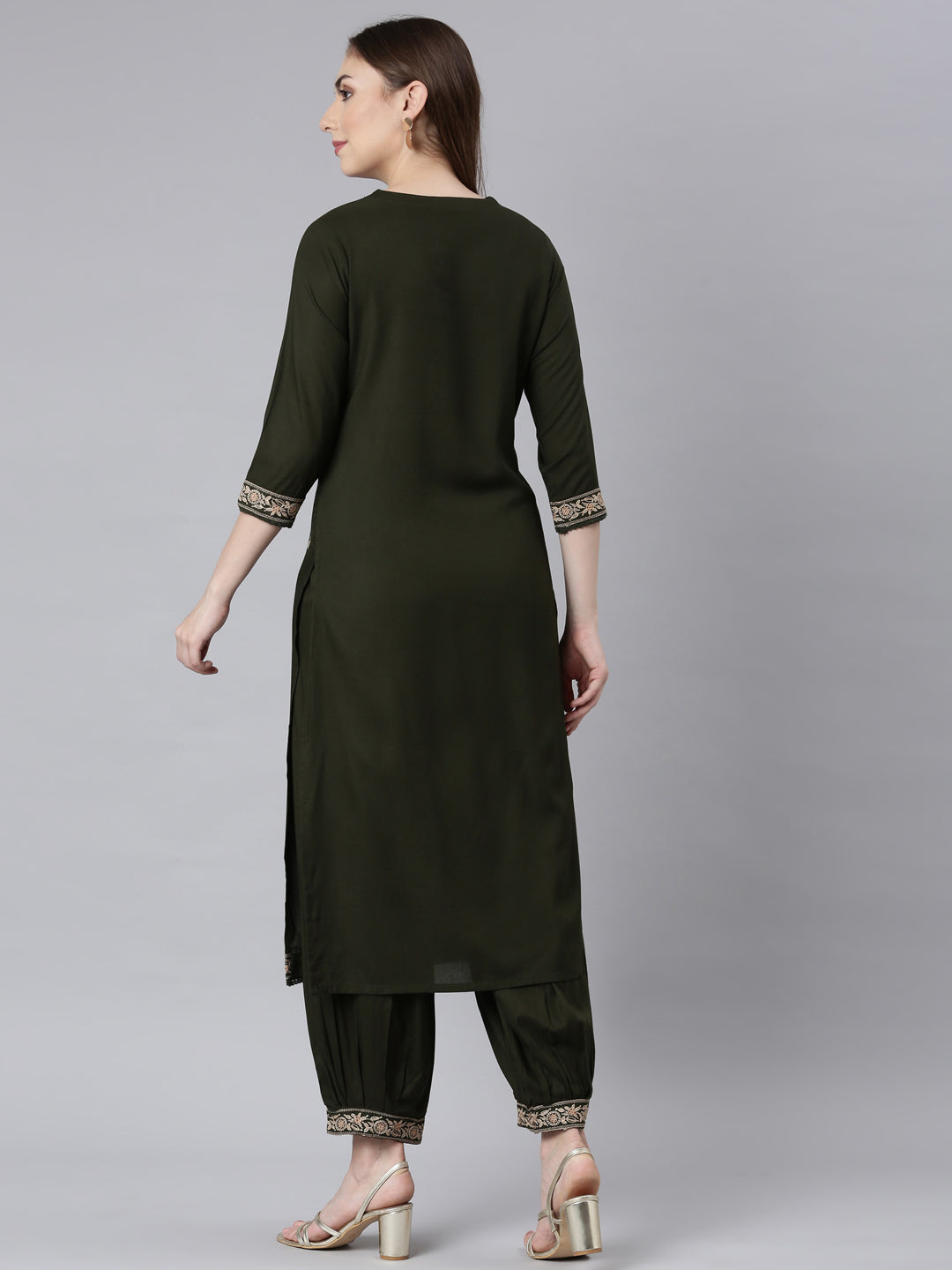 Neerus Green printed ethnic kurta set with churidar and dupatta - detail view 1