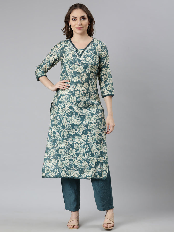 Neerus Blue Regular Straight Floral Kurta And  Trousers With Dupatta