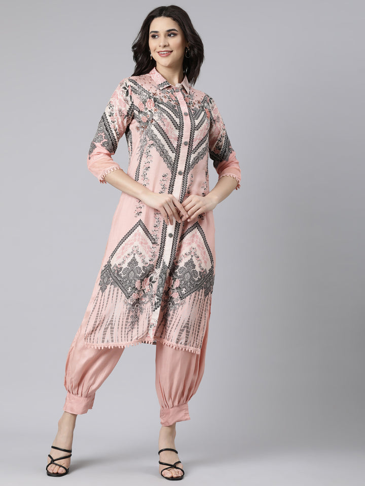 Neerus Pink cotton printed kurta set - front view