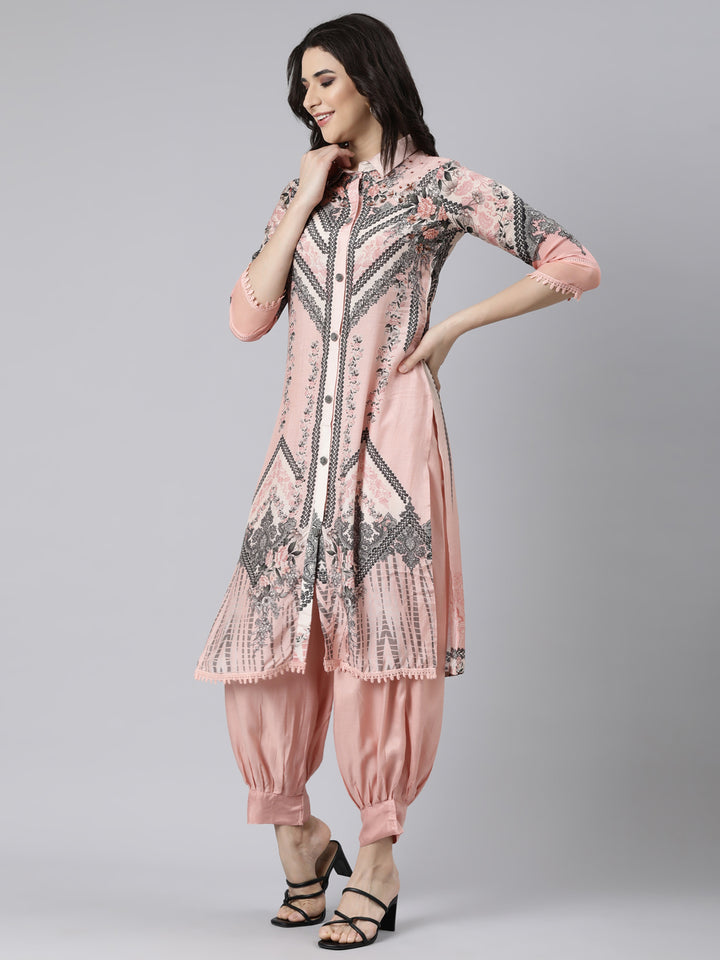 Neerus Pink cotton printed kurta set - back view