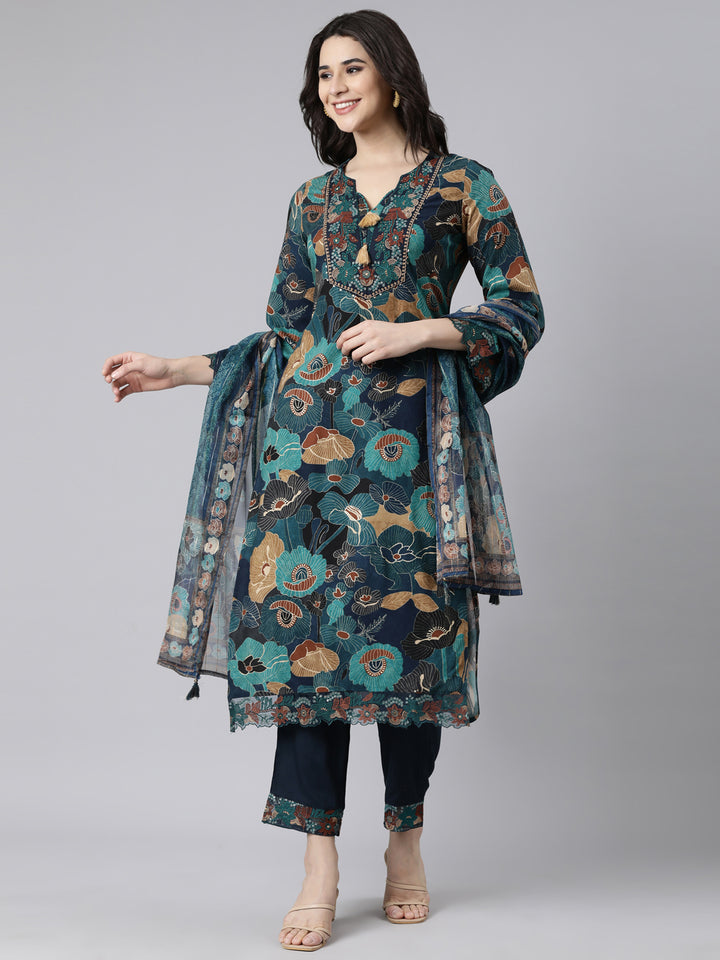 Neerus Blue printed floral straight suit set - front view
