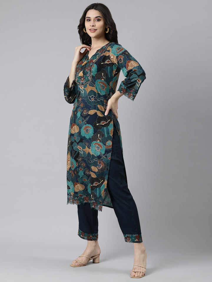 Neerus Blue printed floral straight suit set - back view