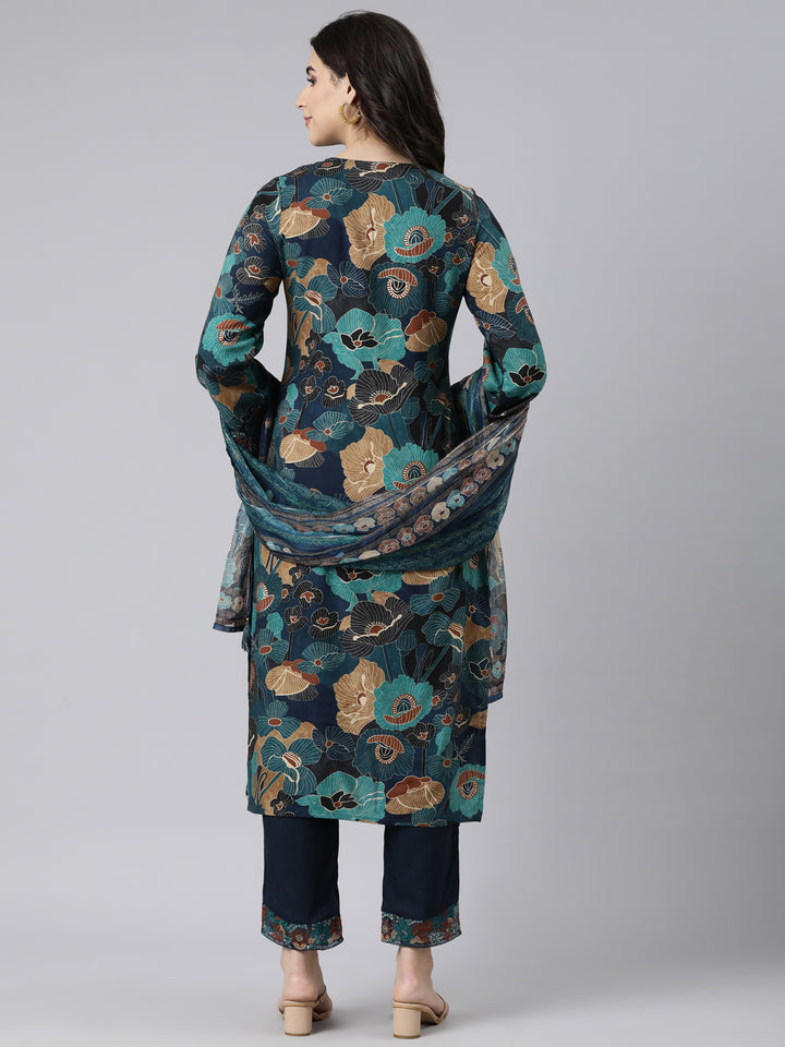 Neerus Blue printed floral straight suit set - side view